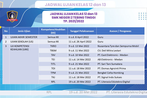 SMK N 2 Tebing TinggiJadwal Ujian Kelas 12 dan 13 TP. 2021/2022